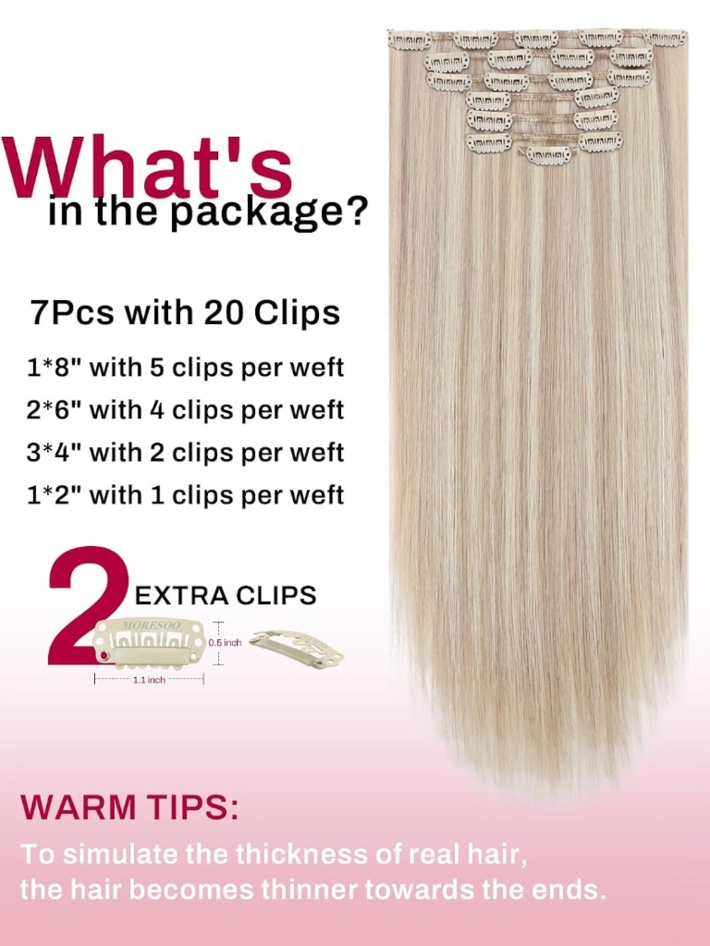 Moresoo Real Human Hair Clip-in Extensions 20" 120g 7 piece set Ash Blonde - Picture 3 of 9